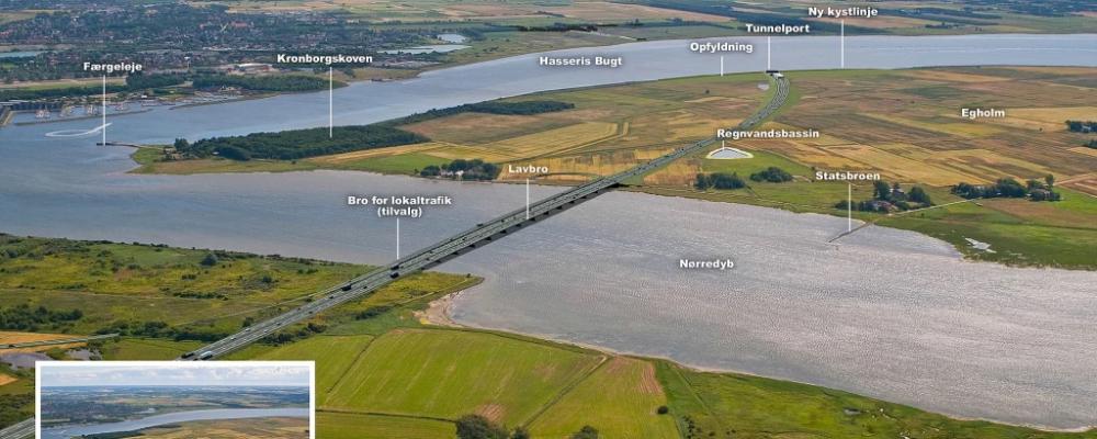 En illustration av den tredje Limfjordsförbindelsen vid Ålborg, där en fyrfilig motorväg på 20 kilometer dyker ner i en tunnel under Limfjorden. Illustration: Projektet: Limfjordsförbindelsen