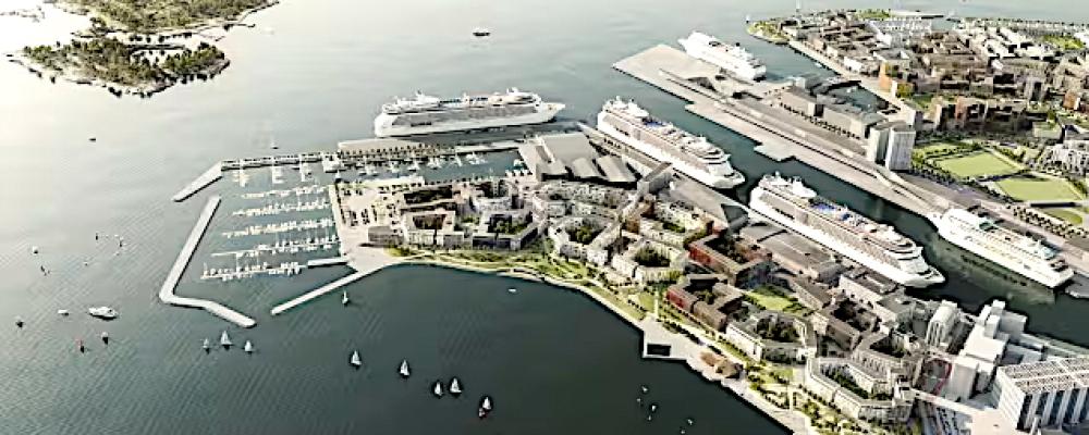 Illustration av framtida Ärtholmen i södra Helsingfors. Området ska rymma 7 600 invånare och blandas med både exklusiva bostäder och statligt stödda hyreslägenheter. Bild: Helsingfors stad / Tietoa Oy.