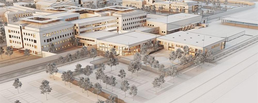 Arkitektbild (Krook & Tjäder) av ny anstalt i Trelleborg