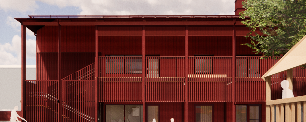 Källparkens förskola, sedd från söder, kommer att byggas i två våningar och ha en röd träpanel (illustration: LPP arkitekter).