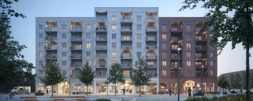 Kvarteret möter Sveatorget med kommersiella lokaler i gatuplan. På Sveatorget får tunnelbanan en ny station 2027 och det är här stadslivet blir som mest livfullt med restauranger, kaféer och annan handel och service. Valven över portarna mot Sveatorget är inspirerade av formen på hangarerna på det gamla flygfältet i Barkarby. Visionsbild: Fojab