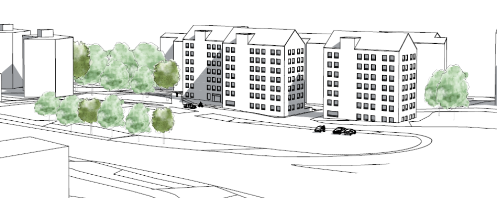 Illustration över södra Bergshamra. Pressbild: Bergkrantz Arkitektur