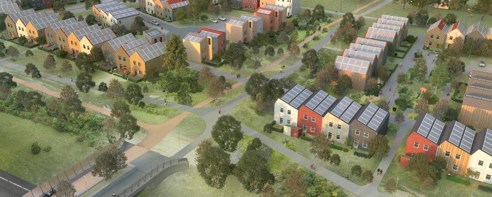 Vy från luften av bostadsområdet Östra Ramlösa. Till vänster i bild finns en gång och cykelbro. En bit in i bilden ser man ett stort antal radhus i olika färger. Illustration:  
Helsingborgs stad i samarbete med arkitektkontoret Warm in the Winter
