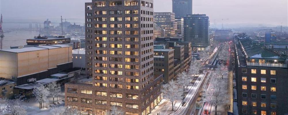 Brf New York gatuvy vinter. Pressbild: Riksbyggen