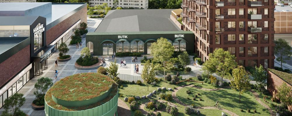 Visionsbild för nytt entrétorg vid Haninge Centrum. illustration av: Equator Arkitekter