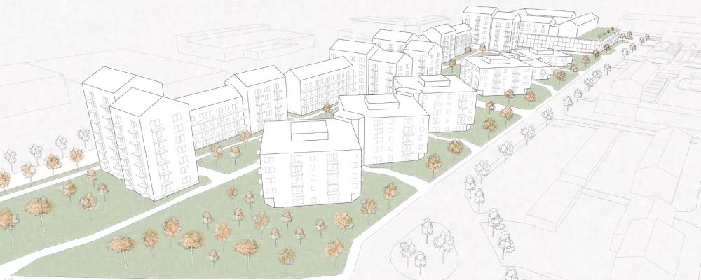 Illustrationen visar ett exempel på utformningen där Vita husen konverteras till bostäder samt uppförande av nya bostadshus. Illustration: Nordmark & Nordmark.