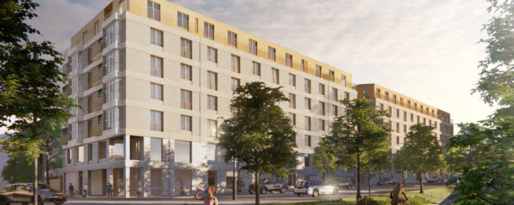 Vy från nordväst mot Huvudstagatan/Hannebergsgatan. Illustration: White arkitekter