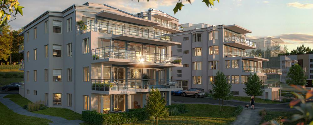 Visualisering av brf Fyrbåken med terrasser mot Mälaren.  Pressbild: HSB Regionalt