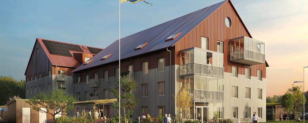 Brf Sommarskogen husfasad. Pressbild: Riksbyggen