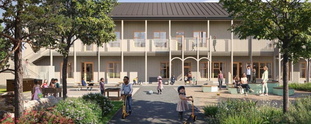 Gåvsta förskola byggs under cirka 1,5 år, med planerad inflyttning sommaren 2028 (illustration: Semrén & Månsson). Pressbild:  Uppsala kommun skol- och omsorgsfastigheter AB