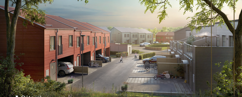 Gläntan är ett planerat projekt med radhus i olika storlek och ägandeform. Pressbild: Götenehus AB