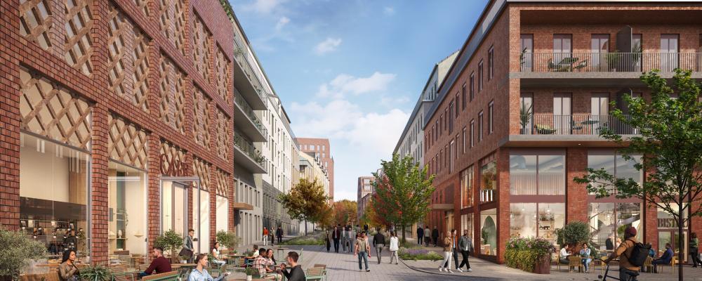 Mittstråket, med Väsby centrum i ryggen och i riktning mot Vilundaområdet. Här, bland hundratals bostäder, skapas ett bilfritt mittstråk för fotgängare med livfull karaktär och variation av grönska med stora träd.

Visionsbild: Arkitekt Equator, visualisering av Walk the Room