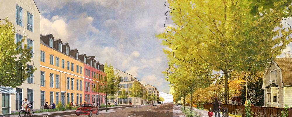 Visionsbild av hur det skulle kunna se ut längs Optimusvägen, i riktning mot Centralvägen.

Visionsbild: KOD Arkitekter