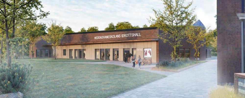 Gestaltningsskiss av planerad idrottshall i kvarteret Pastor Svane 1. Illustration: View Arkiteker