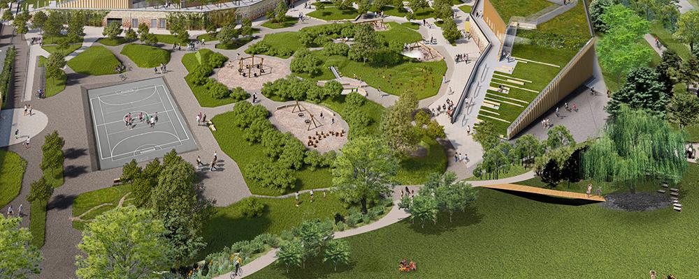 Skiss på stadsdelspark med skyfallsdamm i anslutning till nya Kronetorpskolan. Illustration Berg &Dahl.