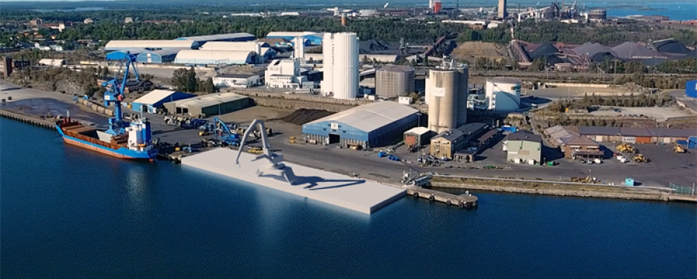Utbyggnad av Kaj 8 Oxelösunds Hamn AB. Pressbild: Peab
