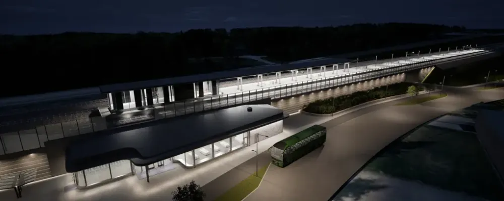 llustration över hur regiontågstationen kan komma att utformas när Norrbotniabanan i Sävar byggs. Bild: Trafikverket