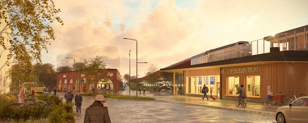 Visionsbild över ett framtida område kring resecentrum i Sävar med vy från Kungsvägen mot öster. Illustration: Link Arkitekter.