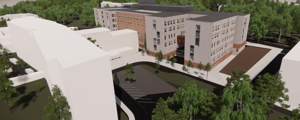 Skellefteå Nya Vårdbyggnad är ritad som en kam-byggnad med fyra vingar för att få in ljus och klara av att rymma 40 000 kvadratmeter utan att resultatet blir en låda. Visualisering: Region Västerbotten