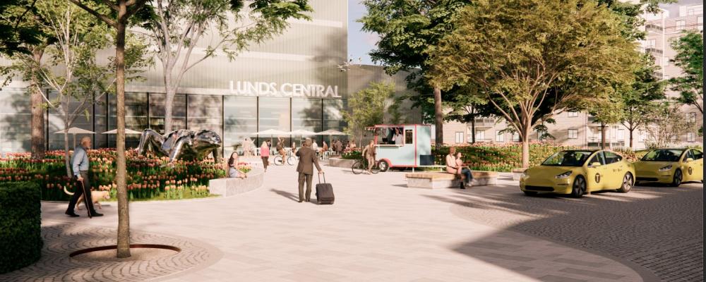 Visionsbild över den kommande entréplatsen vid Mittelbron. Den nya stationsbyggnaden i bakgrunden ingår inte i detaljplanen. Illustration: Sydväst arkitektur och landskap