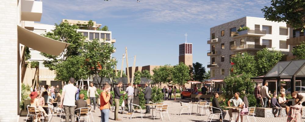 Illustration över torg och kyrkan från Svenshögsvägen. Pressbild: Lunds kommun