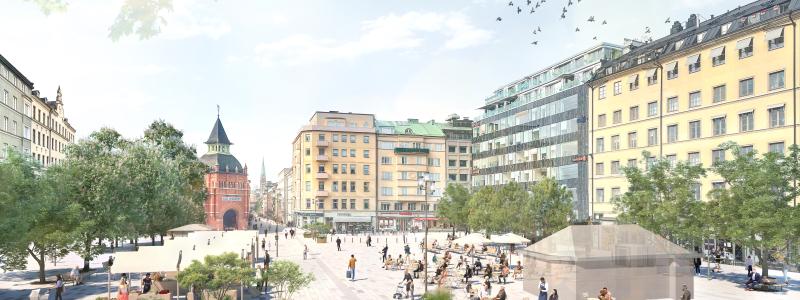 Visionsbild Östermalmstorg, vy från Sibyllegatan. Illustration: Karavan