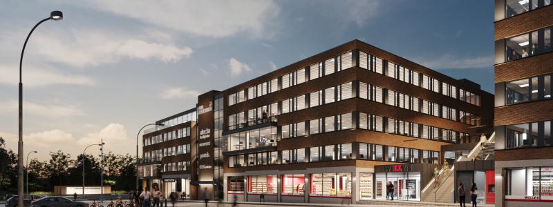 Illustration av Nya Kasernen på Hvitfeldtsplatsen, mitt i centrala Göteborg. Projektet omfattar omkring 45 000 kvadratmeter med kontorsvåningar i varierad storlek, restauranglägen och takterrasser för hyresgästerna. Bild Walk The Room