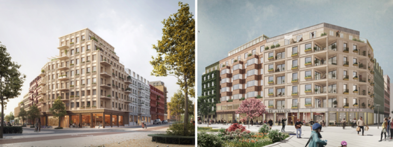 Storstaden Bostads och Riksbyggens vinnande bidrag i markanvisningstävlingarna i Barkarby. Visionsbilder: Kaminsky och Witte Sundell