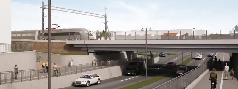 Visionsbild som visar järnvägsbron och Brunnsgatan när bygget är klart. Illustration: Trafikverket