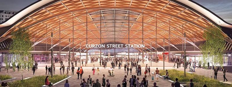 Birminghams nya HS2 Curzon Street-station kommer att vara i drift utan koldioxidutsläpp. Illustration: HS2-project