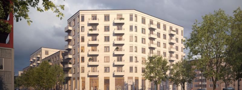 Selvaags kvarter med Pluss-bostäder sett från Majorstorget. Här är kvarteret som högst med sju våningar. I väster möter tre punkthus om fyra plan den redan befintliga bebyggelsen i Barkarbystaden. Innergården är stor och ger utrymme för både samvaro, avskildhet och lek med inslag som planteringar, växthus, odlingsbäddar och lekplatser. Samtidigt är innergården en del av dagvattenlösningen med regnbäddar och ränndalar. Visionsbild: Pörner och Pettersson AB för Selvag Bostad.
