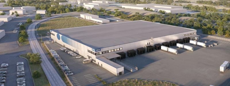 3D-visualisering av den nya logistikanläggningen i Norrköping. Pressbild: GBJ Bygg AB