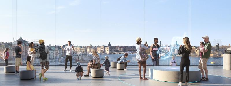 Visionsbild inifrån ett framtida Nobel Center som ska byggas längs Stadsgårdskajen vid Slussen i Stockholm. Illustration: TMRW