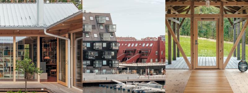 De nominerade bidragen Library House, Kilströms kaj och Höghult. Foto: Svenskt trä