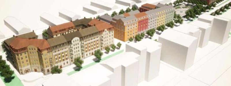 Översiktsbild över de två kvarteren längs Mälarvägens norra sida (centrumsidan). Längst österut längs Mälarvägen syns parkeringshuset. Intill skymtar skyfallsparken. Illustration: Nils Freckeus Arkitekter