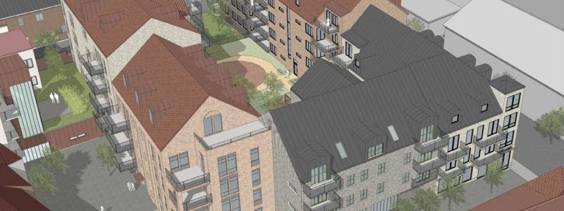 Tidigare framtagen översiktsvy från söder som ger en uppfattning om kv Hästens omfattning. En nyproduktion som kommer att harmoniera mer befintlig byggnation i Laholms stadskärna. Illustration: Fredblad Arkitekter