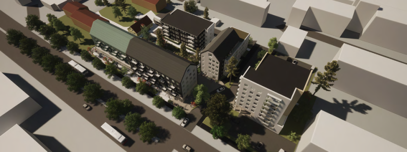 Det nya förslaget innebär att tre befintliga byggnader (50 A-C, 50 D-G och 50 H) ska bevaras och renoveras, medan övriga byggnader rivs för att ge plats åt nyproduktion av fyra hus med cirka 140 moderna bostäder. Pressbild: Uppsalahem