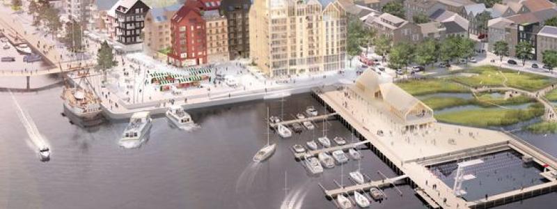 De nya kvarteren vid Hamnplan i Norrtälje med hotell, bostäder och pirbyggnad. Visionsbild: Sydväst arkitektur och landskap samt Koncept/AFRY.