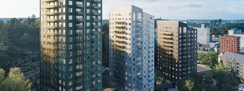 Kvarteret Mejeristen i Kallebäcks Terrasser består av tre hus i olika kulörer inspirerade av den intilliggande skogen och berget, dova färger med skira och glimrande detaljer. Lägenheterna hyrs ut via Wallenstams egen bostadskö. Fotograf: Rendering av Liljewall