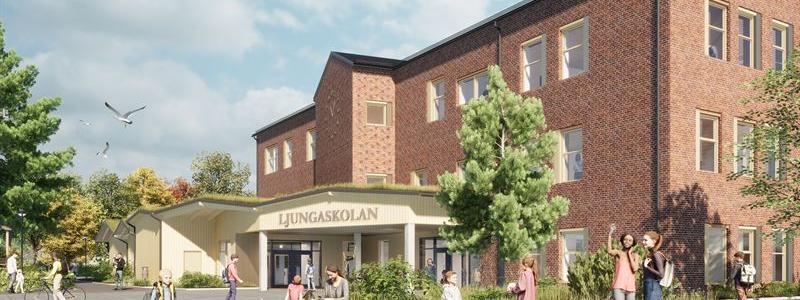 I samband med första spadtaget 30/11 offentliggjordes den nya skolans namn, Ljungaskolan, som utsetts efter en namntävling. Skissbild: Karin Pettersson Arkitektbyrå.