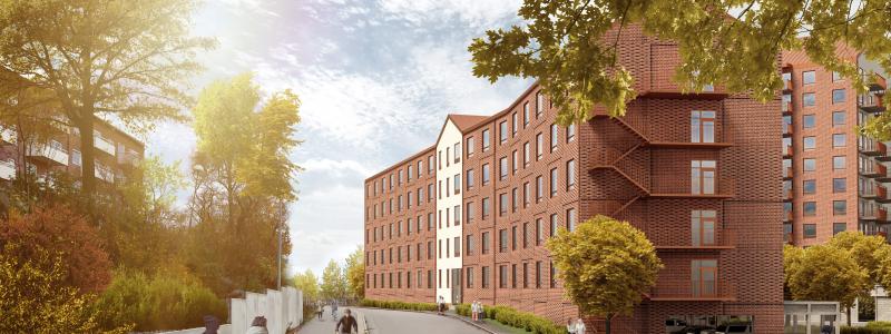 På bilden syns punkthuset med 101 hyresrättslägenheter om 12 våningar med ytterligare 100 äldreboendeplatser. Visionsskiss: Odalen Fastigheter