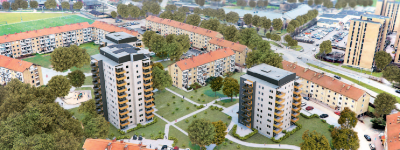 Översiktsbild över Elineberg. De fastigheter som renoveras är femtiotalsfastigheterna med fasader av gult tegel. 
Bild: Helsingborgshem