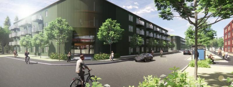 Skissbild på kommande kvarter i Älmhult. Foto: Riksbyggen