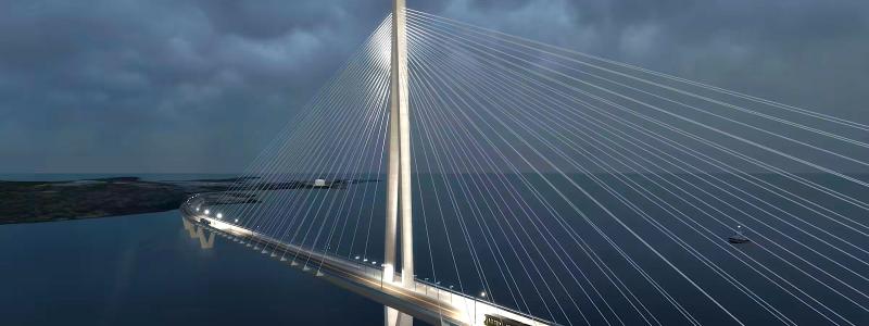 Illustration av den färdiga pylonkonstruktionen på Kronbroarna. Observera spårvagnen. Bild: Kruunusillat, Helsingfors stad, WSP, Knight Architects.