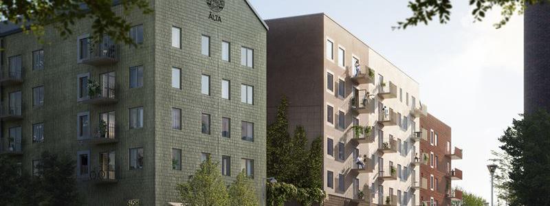 Kvarter 1 som nu är under byggnation i Älta kommer etappvis att välkomna nya hyresgäster från och med hösten 2024. Foto: Wallenstam