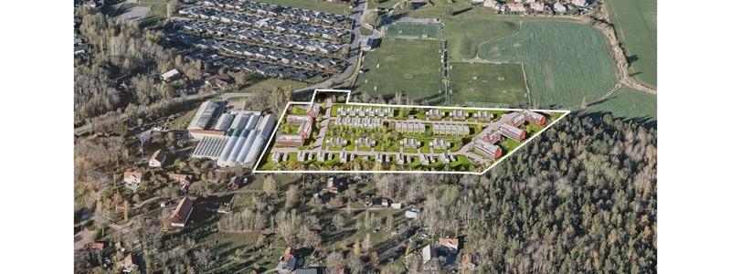 Illustration: Anders Holmberg Arkitekter, luftperspektiv över området som visar hur bostäder kan komma att utformas. Bilden kommer från detaljplanen och behöver inte överensstämma med hur den slutgiltiga utformningen av området blir.