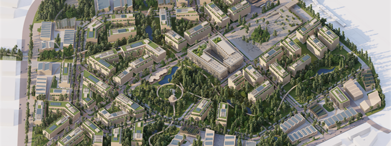 Skiss Skavsta Forest City: låga träbyggnader med skog runtomkring sett uppifrån. Bild: Explore Skavsta