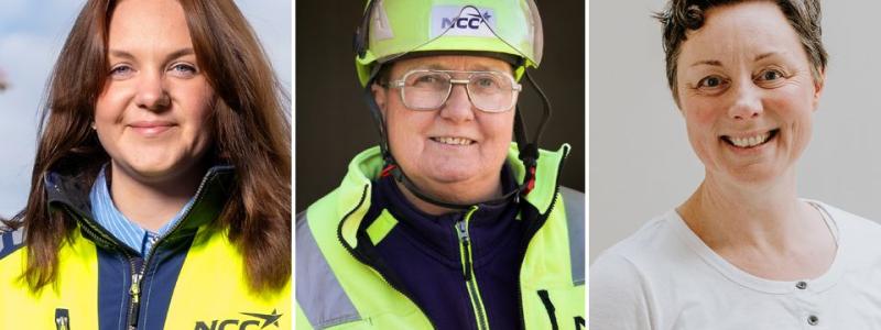 Finalisterna i Årets byggkvinna 2025. Från v. Ida Söderholm, planeringsspecialist, NCC, Luleå – Marie-Louise Halvarsson, träarbetare, NCC, Karlskoga – Tuva Marminne, målare, Anders R Nilsson Måleri AB, Falkenberg. Pressbild: Byggföretagen