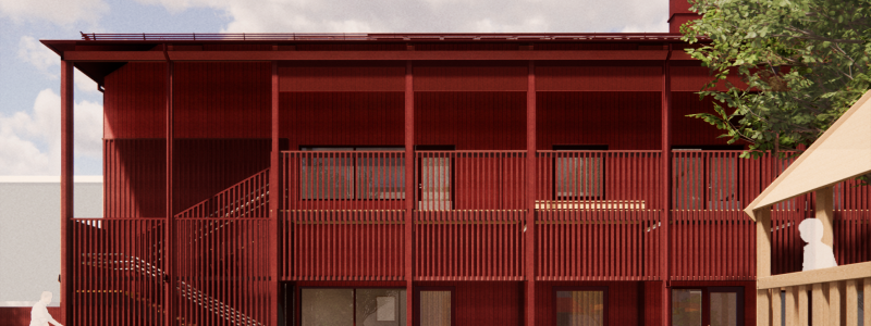 Källparkens förskola, sedd från söder, kommer att byggas i två våningar och ha en röd träpanel (illustration: LPP arkitekter).