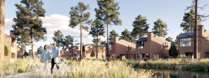 Blick över det framtida bostadsområdet vid Åhus Golfbana, där 400 nya hem planeras. Illustration: Arkitema